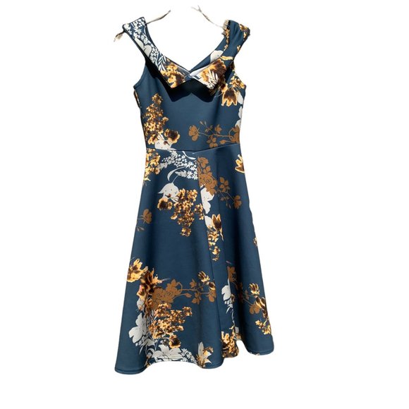 Boohoo Night Womens Teal Gold Floral Off Shoulder Fit And Flare Dress size 6 - Picture 3 of 13